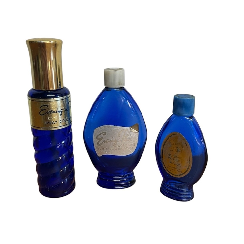 3 Vintage Evening in Paris Perfume Bottles Cobalt Blue Accent Decor Empty